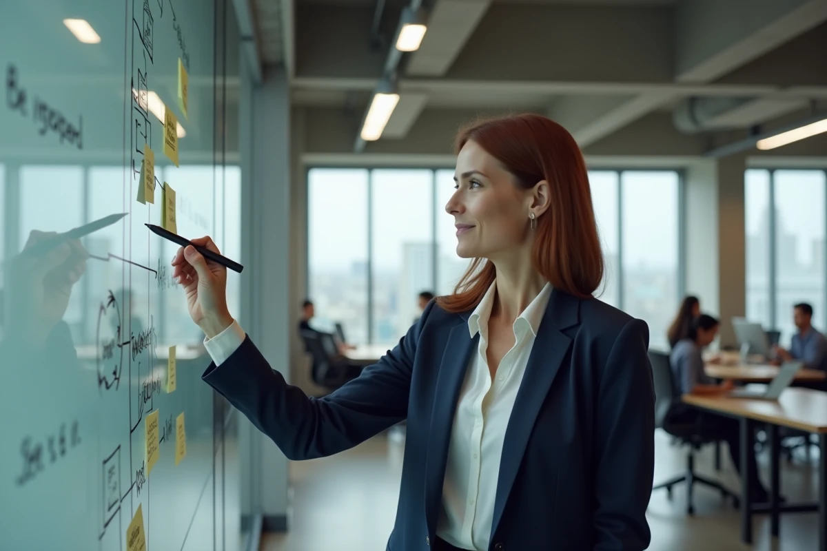 Experte en gestion de projet analysant un workflow avancé sur tableau de verre dans un bureau professionnel