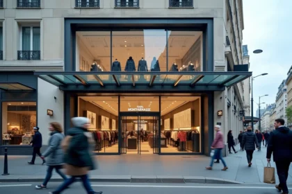 Façade extérieure du centre commercial de la tour Montparnasse avec des passants et l'entrée moderne en verre et acier
