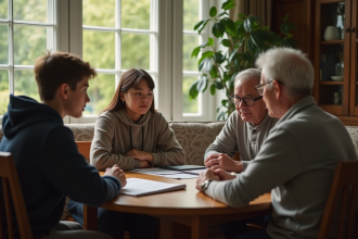 Famille multigenerations réunie autour d'une table en discussion