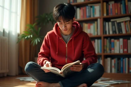 Jeune fan de manga lisant le scan One Piece 1139 entouré de volumes manga éparpillés sur le sol