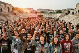 Foule de fans de musique métal et rap lors d'un concert en plein air à Lyon en 2026