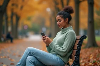 Femme contemplant son téléphone affichant 18h18 dans un parc automnal, réfléchissant à la signification de ce nombre en amour