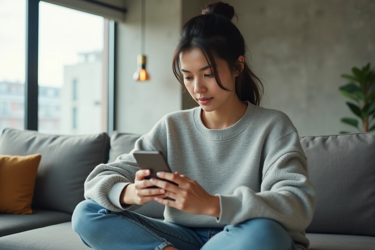 Femme consultant l'adresse d'un site web sur smartphone dans un appartement moderne