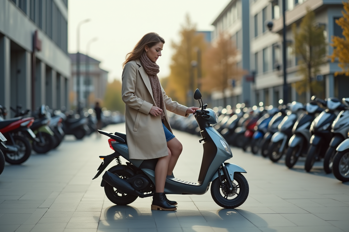 Femme examine prix d une minibike en ville moderne