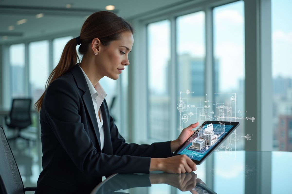 Femme d'affaires utilisant une tablette avec modèle 3D d'un bâtiment