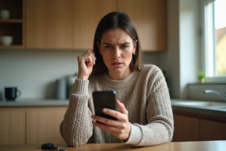 Femme agacée recevant un appel inconnu du numéro 0948008736 sur son smartphone dans une cuisine moderne
