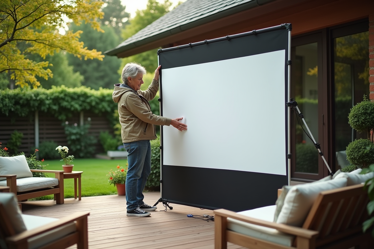 Femme en extérieur installant un écran portable dans le jardin