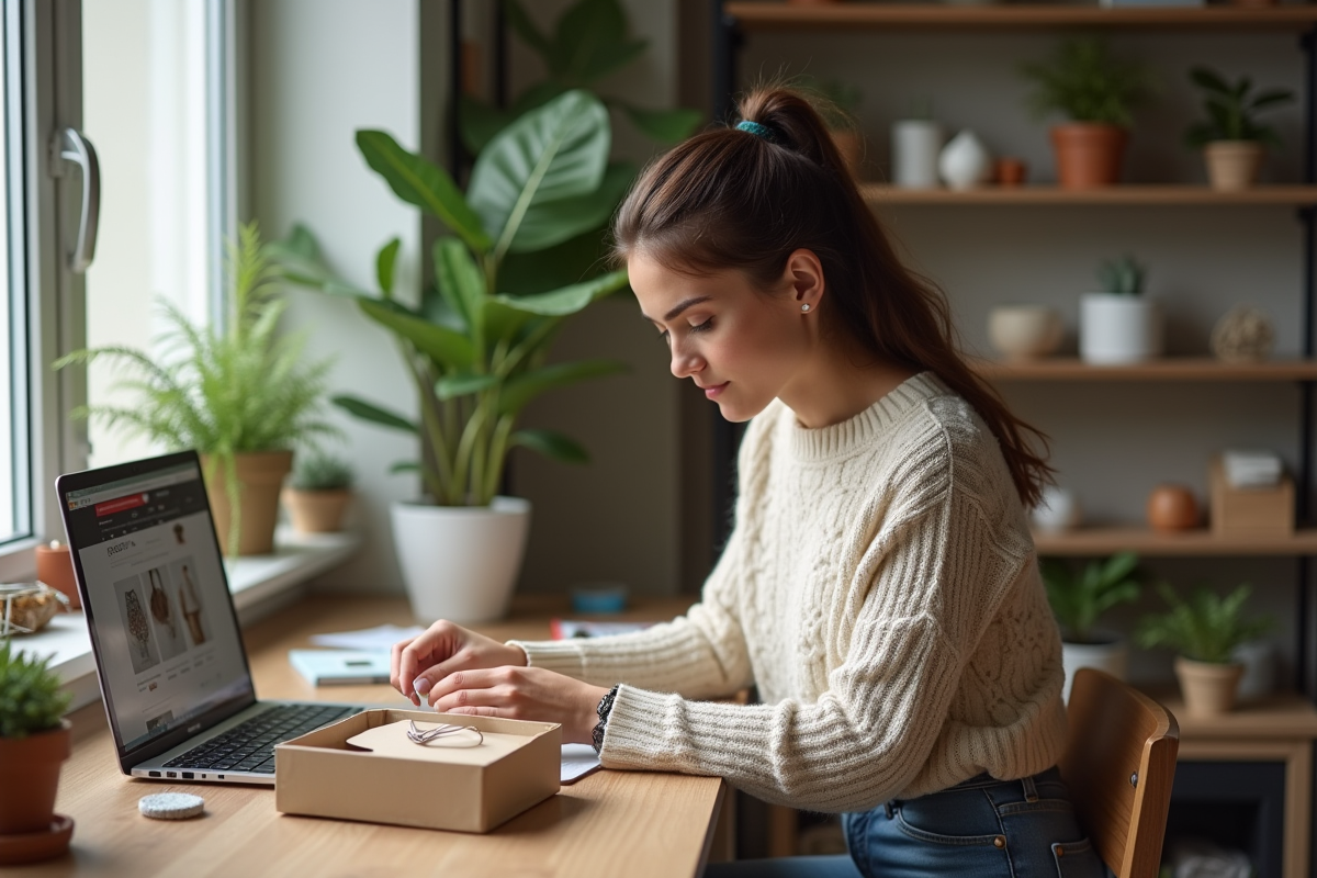 Jeune femme emballant bijoux faits main dans un atelier cosy