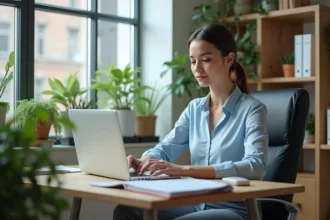 Femme d'âge moyen dans un bureau paisible et bien organisé