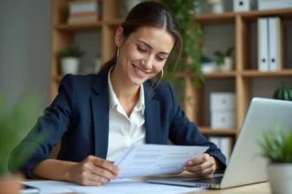 Femme au bureau examine documents de remboursement santé