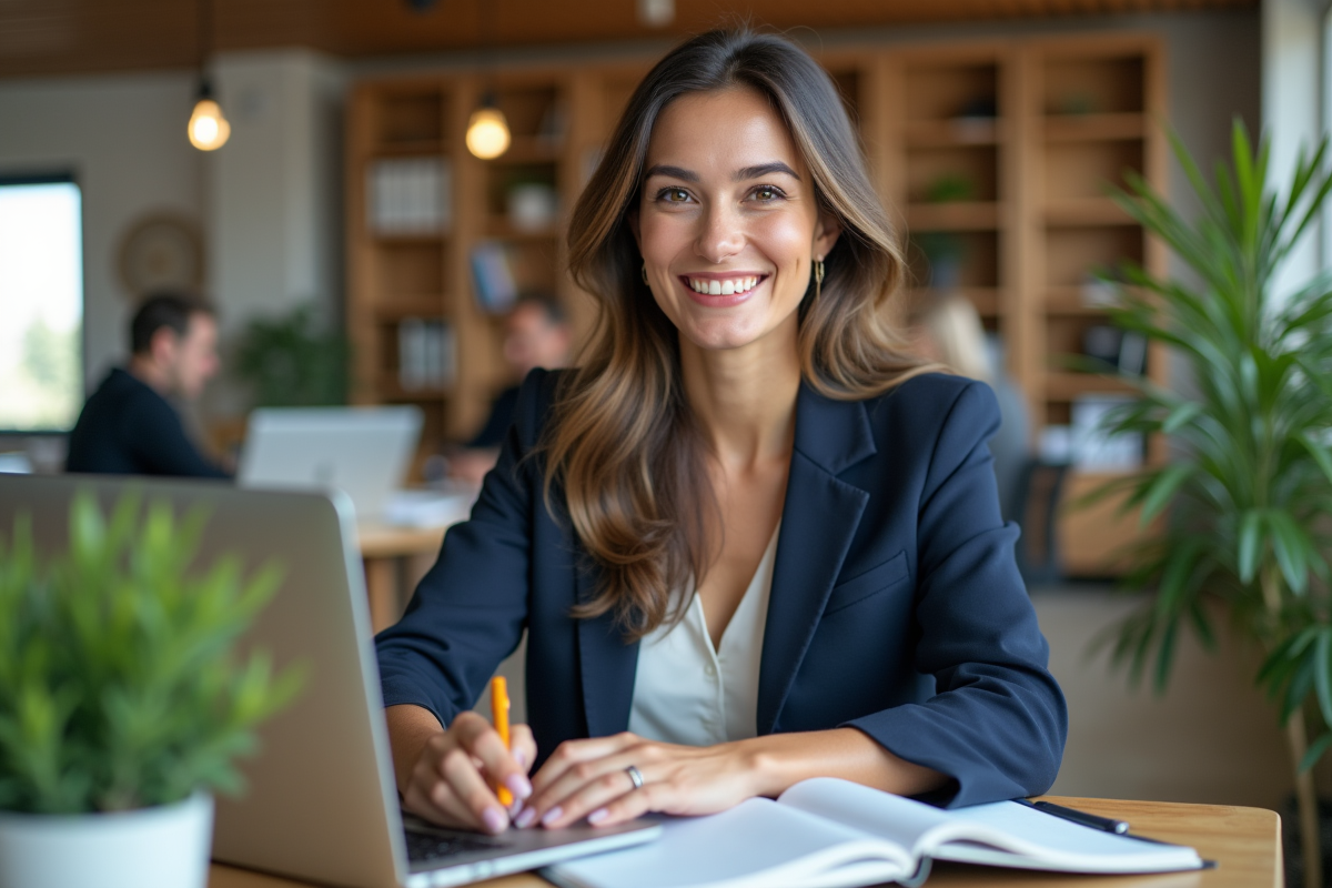 Femme en bureau moderne souriante et détendue