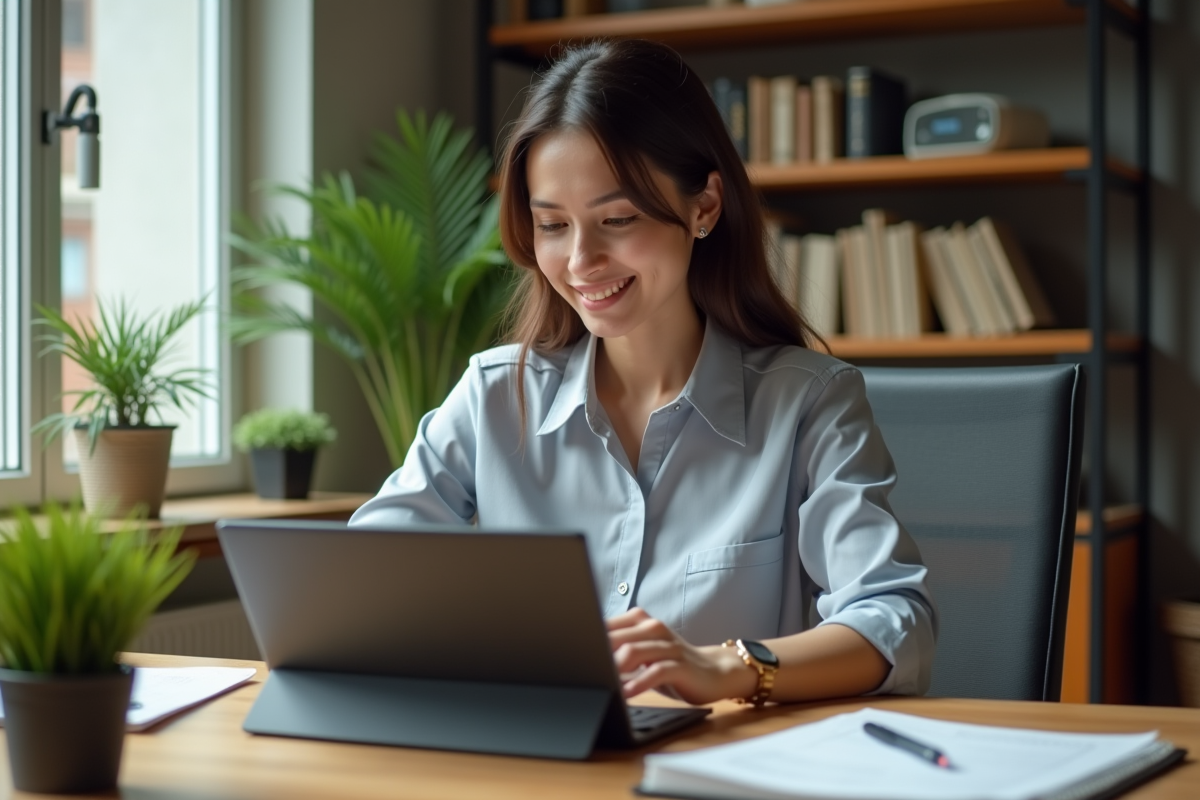 Jeune femme au bureau utilisant une tablette Windows