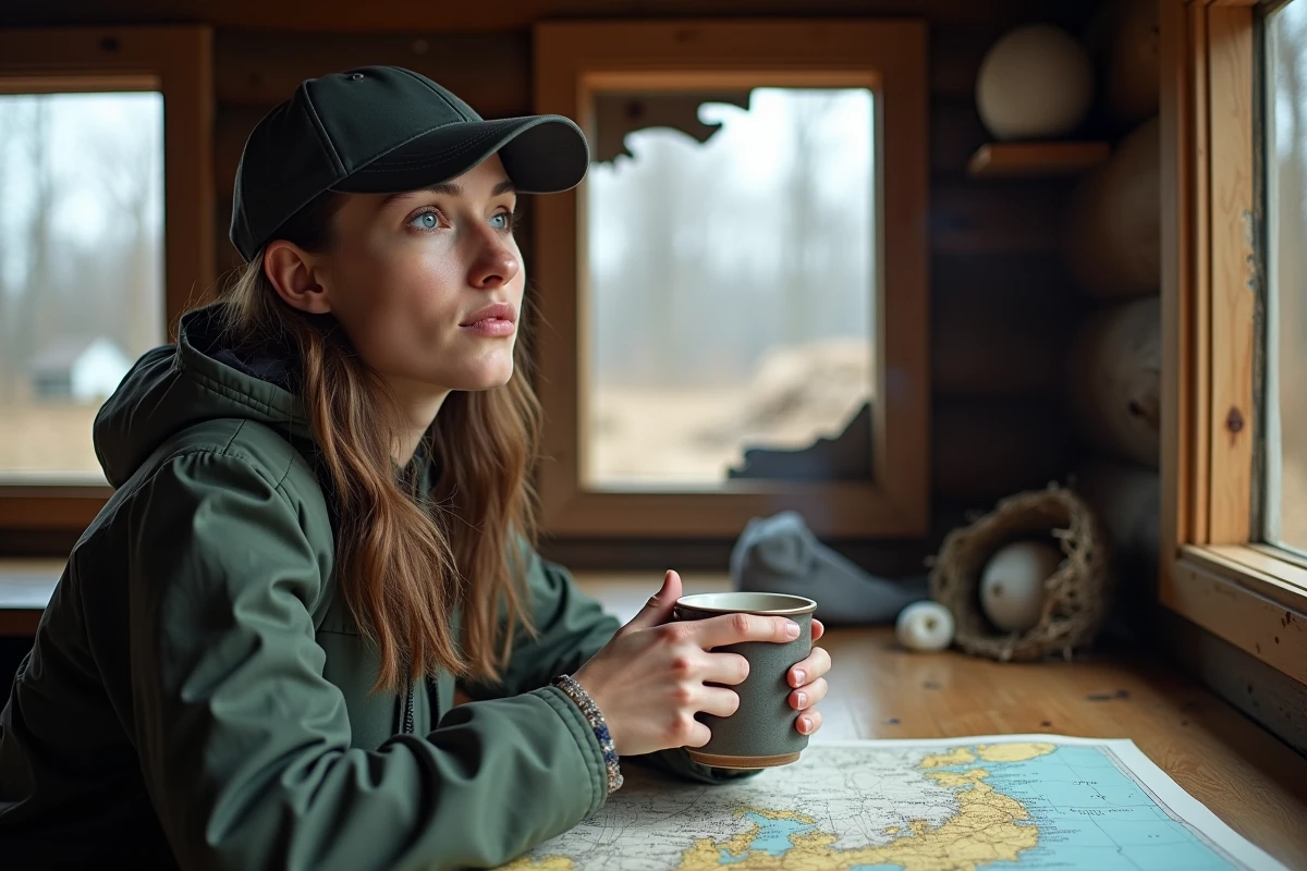 Jeune femme dans une cabane regardant une carte après le tsunami