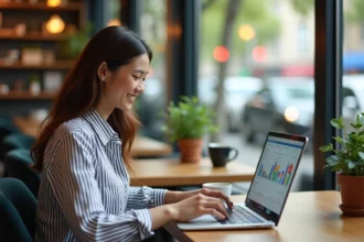 Jeune femme souriante avec ordinateur dans un café