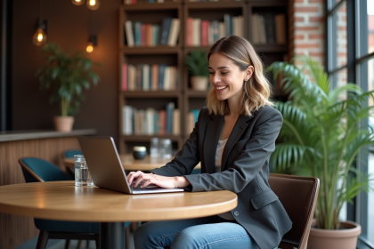 Femme élégante travaillant sur son ordinateur au cafe