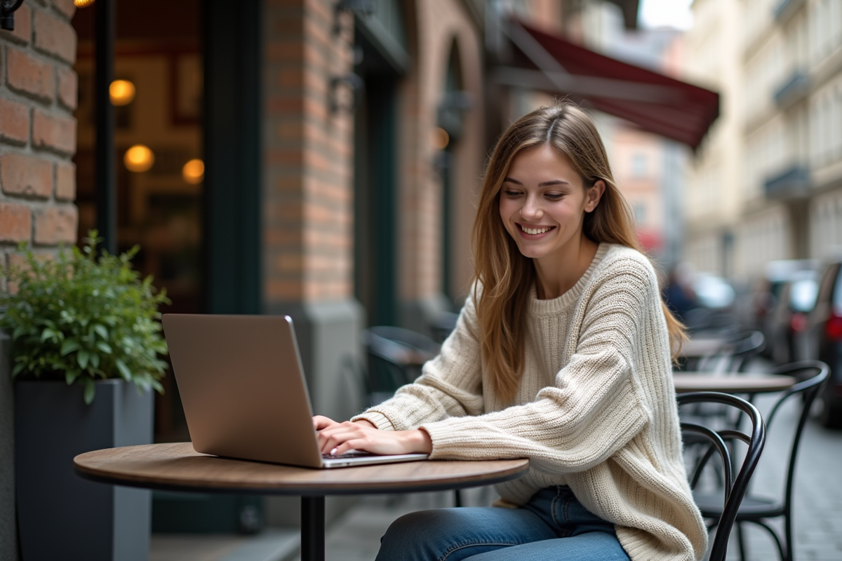 Femme détendue utilisant son ordinateur dans un café en ville