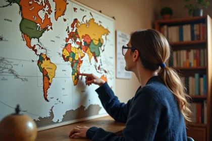 Femme pointant une capitale en G sur une carte du monde vintage accrochée au mur de son bureau