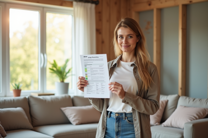 Femme tenant un certificat énergétique dans un salon lumineux