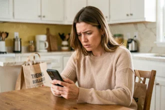 Femme cherchant un code promo Carrefour Drive sur son smartphone dans une cuisine moderne
