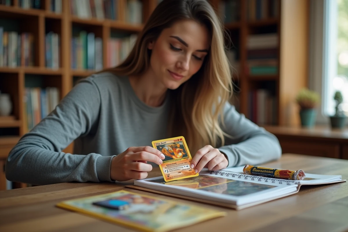 Femme collectrice glissant délicatement une carte Dracaufeu rare dans une protection double sleeve à son bureau, entourée d'accessoires de conservation pour cartes Pokémon