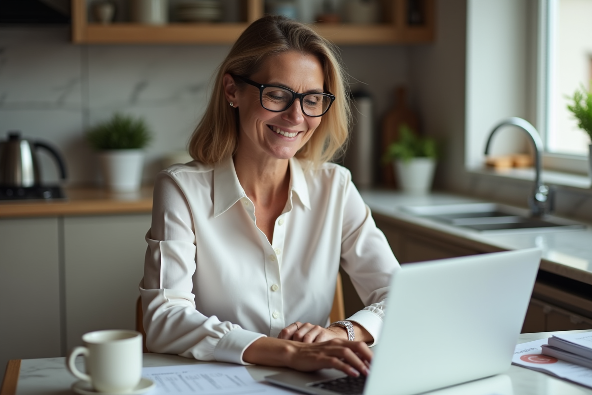 Femme souriante comparant offres de prêt immobilier sur son ordinateur
