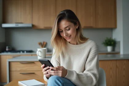 Femme en sweater créant un sondage WhatsApp à la maison