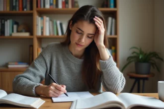 Jeune femme concentrée écrivant dans un cahier de dictée avec des livres de grammaire française ouverts sur un bureau en bois