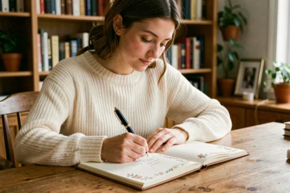 Jeune femme écrivant des prénoms dans un carnet décoratif à son bureau, ambiance chaleureuse et studieuse