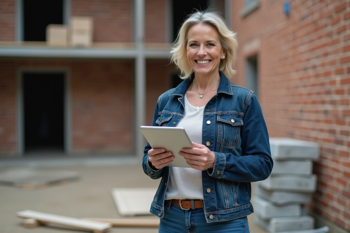 Femme entrepreneure sur chantier avec tablette