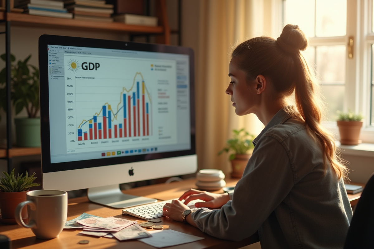 Jeune femme étudie un graphique GDP dans un bureau à domicile