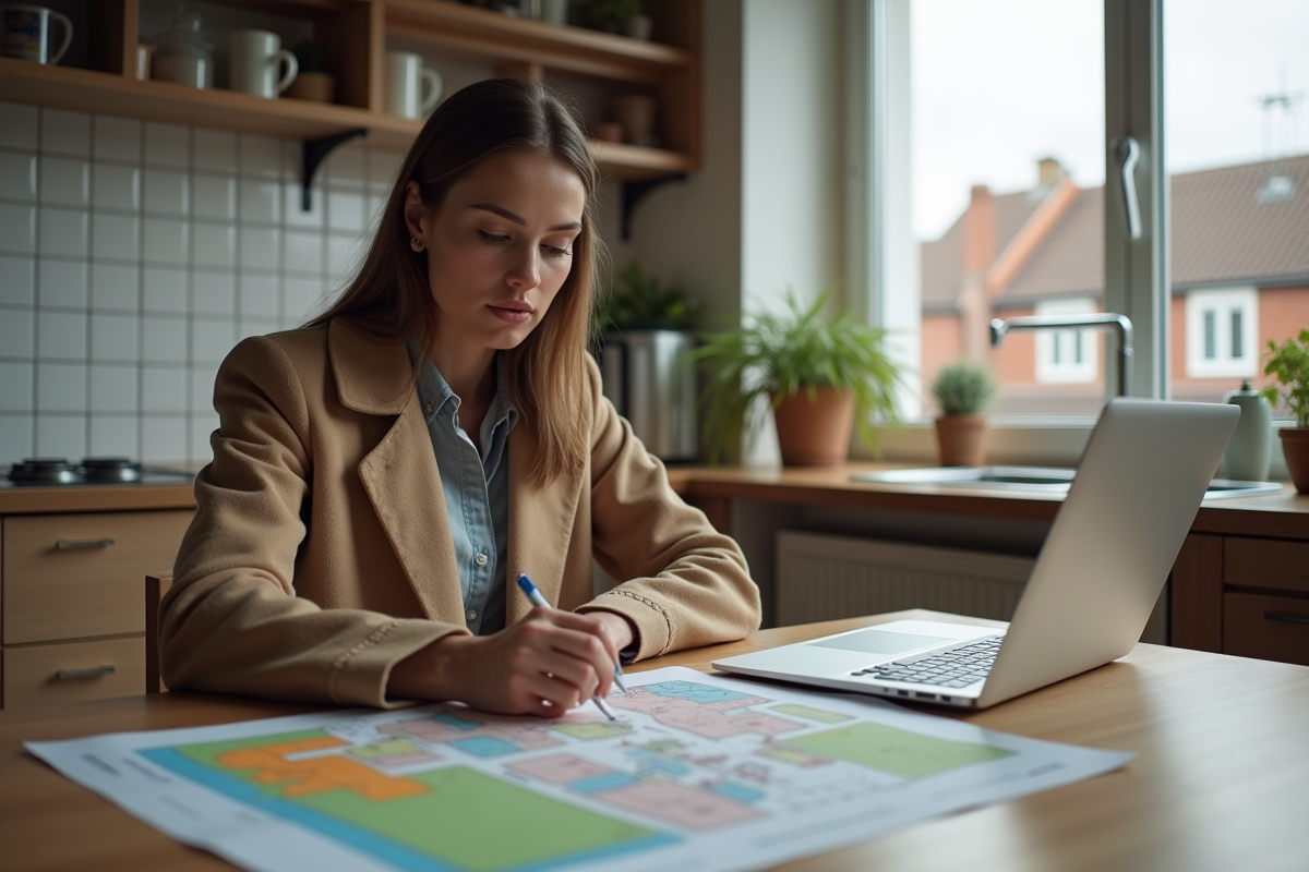 Jeune femme étudiant un plan de zonage dans sa cuisine