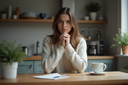 Jeune femme inquiète assise à la cuisine