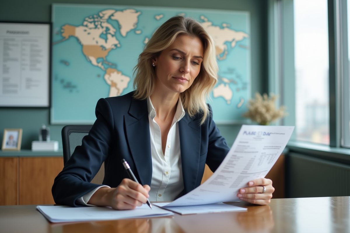 Femme professionnelle examinant des factures dans un bureau moderne