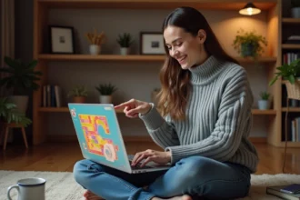 Jeune femme jouant à Monopoly en ligne sur un ordinateur portable dans un salon chaleureux
