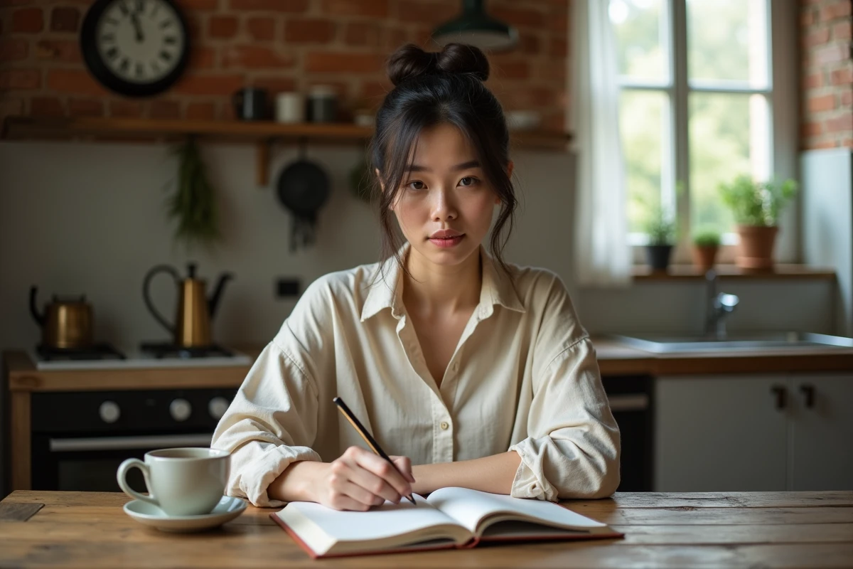 Jeune femme écrivant dans son journal avec une horloge indiquant 18h18 en arrière-plan, explorant la signification spirituelle du nombre en amour