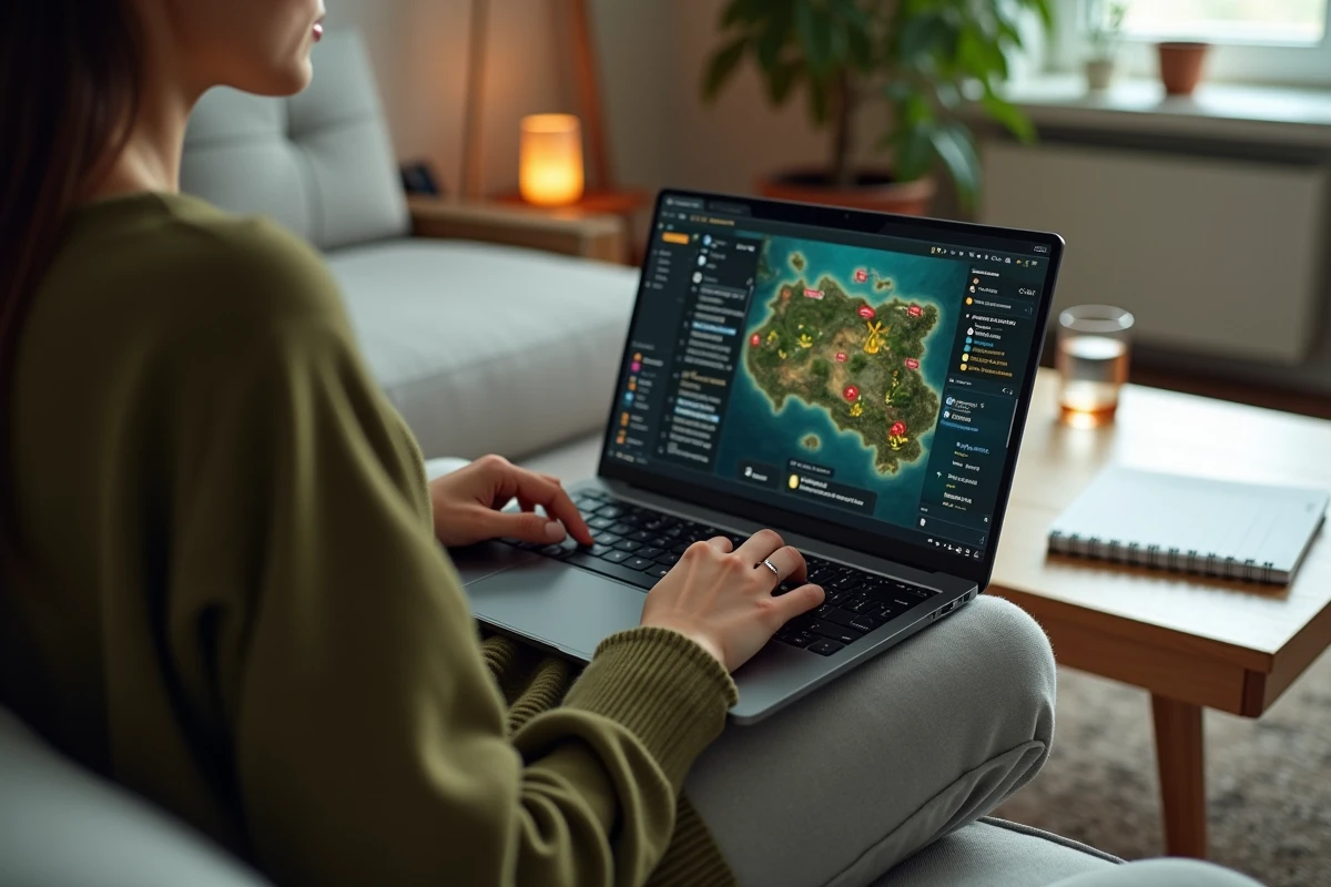 Jeune femme organisant sa routine quotidienne de farm Dofus sur laptop avec checklist et planning de sessions portails