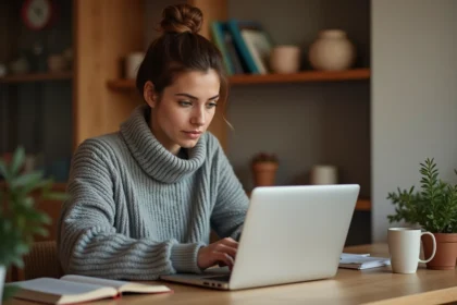 Femme lisant confortablement un article sur un laptop depuis son bureau à domicile, illustrant l'amélioration du confort de lecture numérique