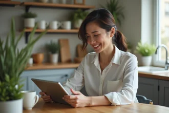 Femme d'âge moyen lisant une tablette dans une cuisine lumineuse
