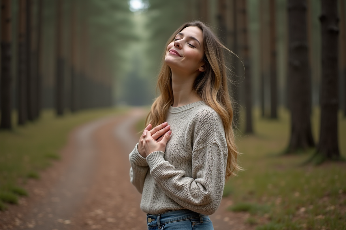 Femme méditant dans la forêt au naturel