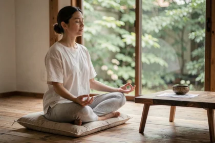 Femme en méditation récitant un mantra assis sur un coussin de méditation en lin dans un espace zen minimaliste
