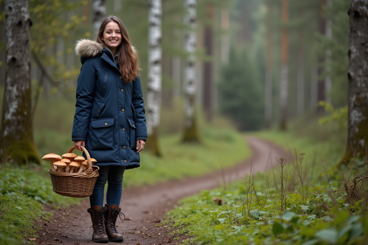 Jeune femme avec panier de champignons dans la forêt