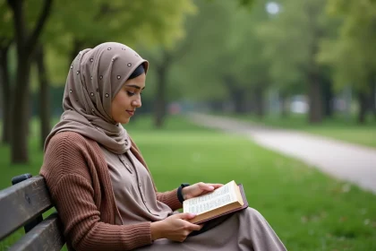 Femme musulmane lisant un quoran dans un parc verdoyant