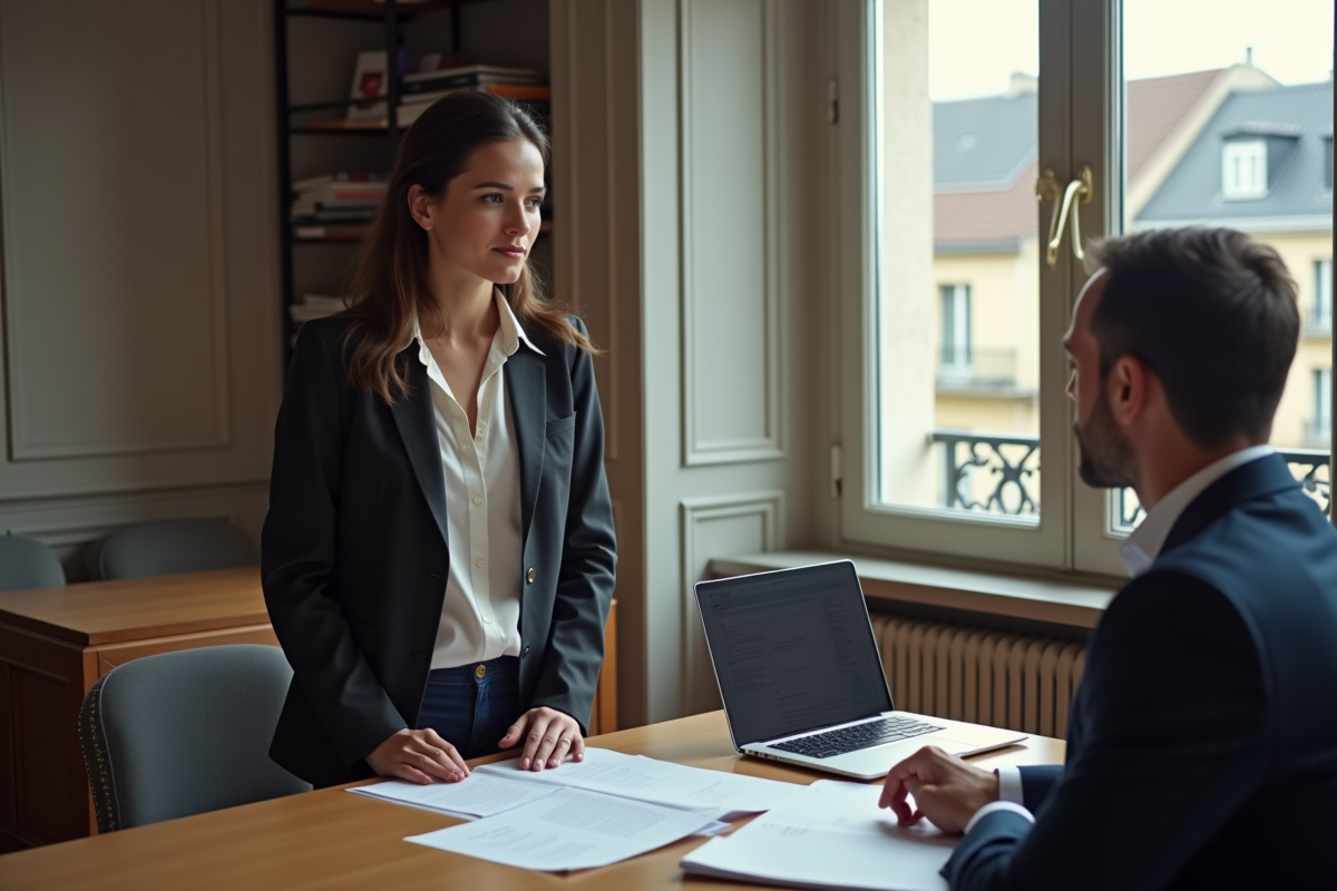 Femme d'affaires française consulte un notaire dans un appartement parisien