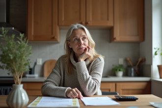 Femme organisée avec ses billets et calculatrice à la maison