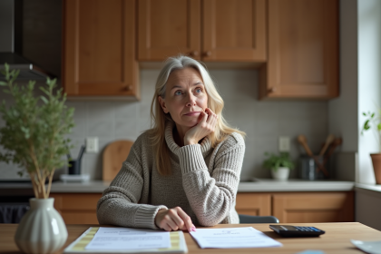 Femme organisée avec ses billets et calculatrice à la maison