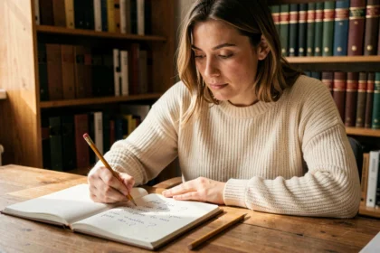 Femme réfléchissant à l'orthographe d'un mot en français dans un bureau entouré de dictionnaires