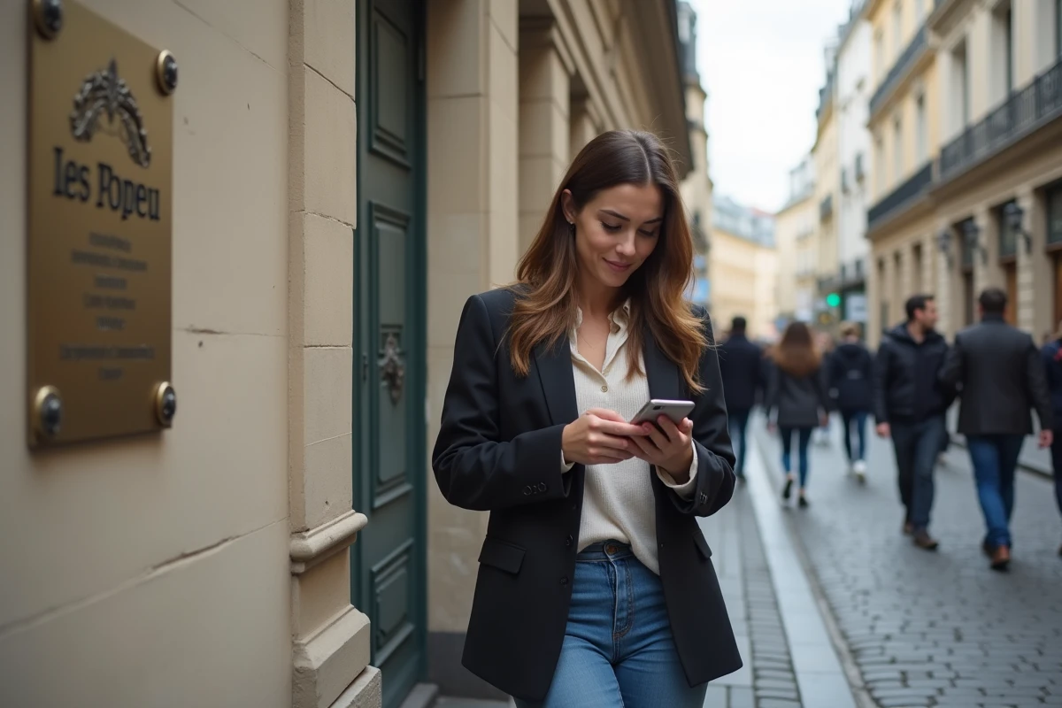 Femme française regardant son smartphone dans une rue parisienne animée