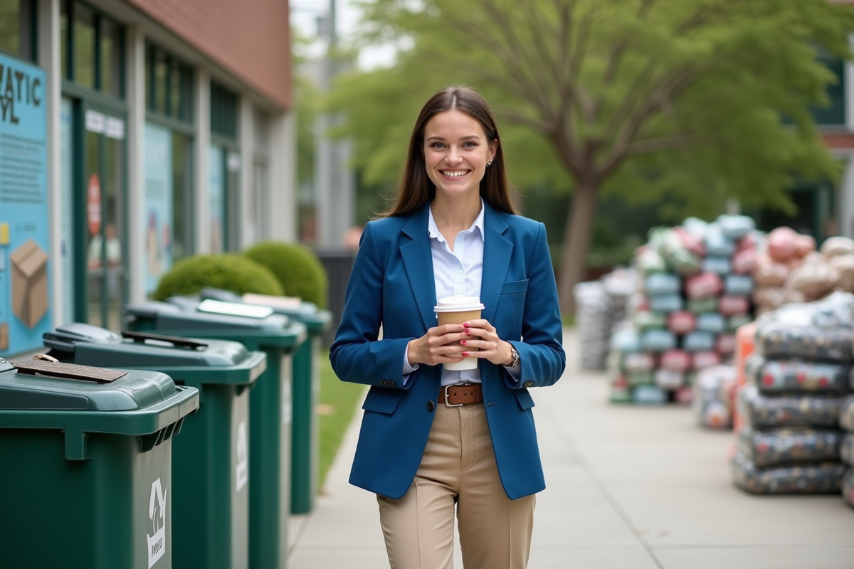 Jeune femme souriante avec tasse recyclable devant centre de recyclage