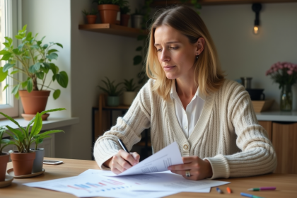 Femme d'âge moyen examinant des documents financiers à la maison