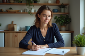 Femme concentrée à la maison en revue de papiers